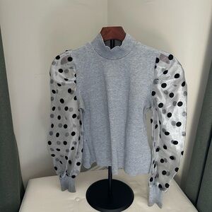 Gray Mock Neck with Sheer Polka Dot Sleeves